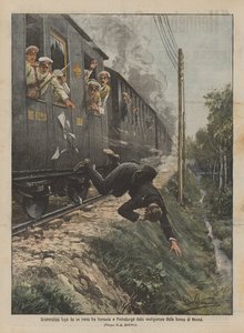 Dramatic escape from a train between Warsaw and St. Petersburg by the Moscow bank robber by Achille Beltrame