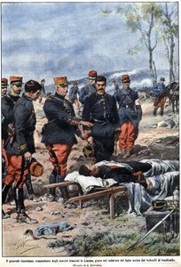 Episode of the war of 1914: General Noel Edouard de Curieres de Castelnau (1851-1944), commander of the French army in Lorraine, swears to the body of his dead son to avenge him. Illustration by Achille Beltrame in La Domenica del Corriere