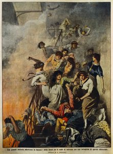 Fire in large American textile factory: workers on stairwell, illustration by Achille Beltrame, from La Domenica del Corriere, August 10 by Achille Beltrame