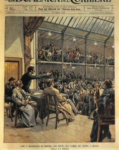 How to organize strikes, session of Chamber of Labor in Milan, illustration by Achille Beltrame from La Domenica del Corriere, March 23