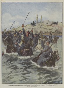 The Serbian vanguard cavalrymen throw themselves into the sea at Durazzo, shouting, Long live the Serbian sea