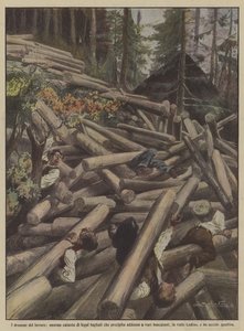 The dramas of labor, a huge pile of cut wood falls on several lumberjacks by Achille Beltrame
