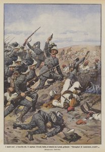 Our heroes, at Kars-Bu-Adi, Captain Civardi, wounded, rushes among the first, shouting by Achille Beltrame