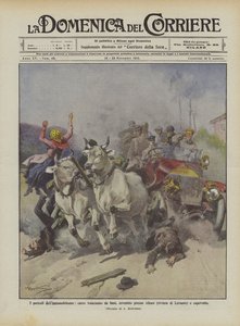 The Dangers of Automobilism, Ox-Drawn Cart Overturned Near Altare (Riviera di Levante) by Achille Beltrame