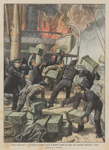 Exciting Journeys, a Steamer on Fire Loaded with Dynamite Avoids Catastrophe by Throwing It Overboard by Achille Beltrame