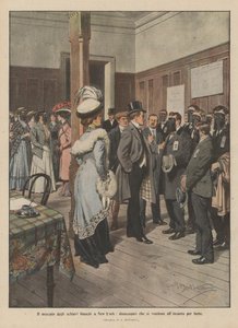 The white slave market in New York, unemployed selling themselves for hunger (colour litho) by Achille Beltrame