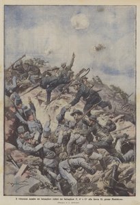 The victorious assault of the cyclist bersaglieri of the 3rd, 4th, and 11th battalions on Quota 85, near Monfalcone by Achille Beltrame