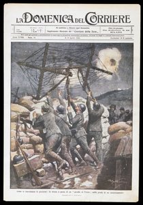 Italian soldiers putting Frisian horse on trench, plate by Achille Beltrame for Domenica del Corriere, 2-9 April 1916, First World War, Italy, 20th century by Achille Beltrame
