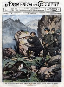 King of Italy Victor Emmanuel III with Prince Albert I of Monaco hunt the ibex. Cover of the Domenica del Corriere of 14 August 1910