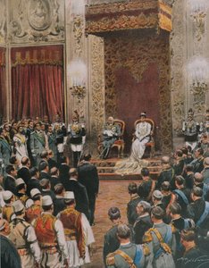 King of Italy, Vittorio Emanuele III of Savoy, being crowned King of Albanians, by Achille Beltrame by Achille Beltrame