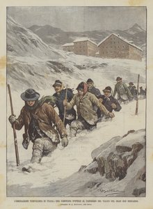 Temporary Emigration in Italy, A Caravan of Workers Crossing the Gran San Bernardo Pass by Achille Beltrame