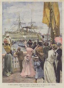 The Cheering Crowd Watches the Departure from Venice to China of the Ship Vesuvio by Achille Beltrame