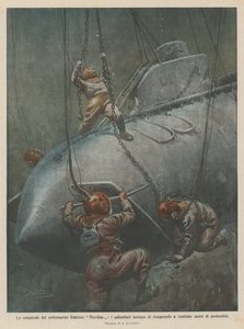 The catastrophe of the French submarine Pluviose, divers attempt to recover it at twenty-two meters depth