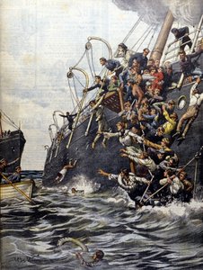 The catastrophe of the Liban: passengers jump into the sea after the collision with another ship off Marseille. Illustration by Beltrame. La Domenica del corriere. 1903