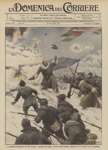 The glorious reconquest of Pal Piccolo, the assault of the alpini, while in the battle appear... by Achille Beltrame