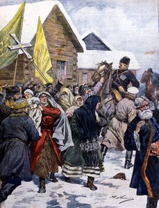 Superstition in Russia: the police attempt to disperse the sect of the new Christians. Illustration of Beltrame. La Domenica del Corriere. 1901 by Achille Beltrame