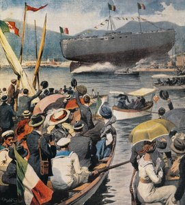 Launching of battleship Andrea Doria from Arsenale in La Spezia, panel by Achille Beltrame, La Domenica del Corriere, April 6