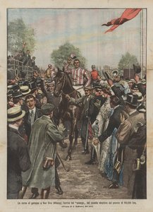 Gallop races at San Siro (Milan), the arrival of the winning horse of the 100,000 lire prize by Achille Beltrame