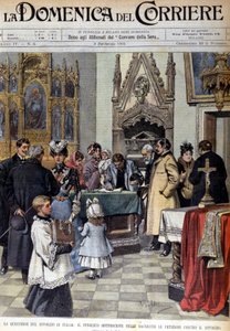 The problem of divorce in Italy: the population signs petitions against divorce in the sacristies. Illustration of Beltrame. La Domenica del Corriere. 9/02/1902 by Achille Beltrame