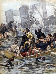 Maritime dramas: the shipwreck of the Wallawalla liner loaded with gold prospectors from the Klondike. Illustration by Beltrame. La Domenica del Corriere. 1902