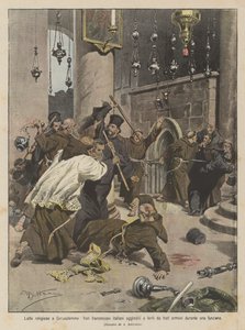 Religious Struggles in Jerusalem, Italian Franciscan Friars Attacked and Injured by Armenian Friars During a Ceremony by Achille Beltrame