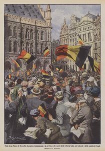 In the Grand Place of Brussels, the People Enthuse and Despair at the News of Belgian Victory Over the Germans and the Fall of Liege by Achille Beltrame