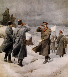 Resumption of war, Turkish parliamentarian arriving in Bulgarian camp bearing message announcing end of Armistice, illustration from La Domenica del Corriere, February 9 by Achille Beltrame