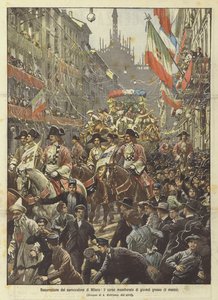 Resurrection of the Milan carnival, the masked parade of Fat Thursday (March 9) by Achille Beltrame