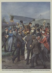 Triumphant return to Turin of aviator Perreylon after flying with his mechanic
