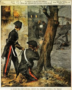 Sicilian mafia event, Fighting between carabinieri and mafia gangsters in Trapani, illustration by Achille Beltrame, from La Domenica del Corriere, 31st December 1899