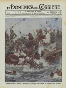 Squadron of Montebello lancers falling into the Ticino near Somma Lombardo due to the collapse of a temporary bridge by Achille Beltrame