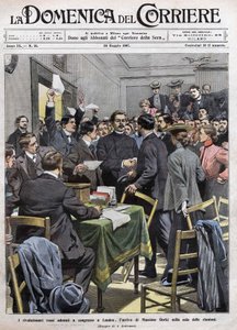 The arrival of Maxim Gorki in the meeting room at the Congress in London after the revolution of 1905 in Russia. Cover of La Domenica del Corriere from 26/05/1907. by Achille Beltrame