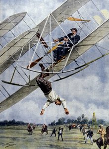 The dramas of the air: Orville Wright and the American lieutenant Selfridge hurtle with their plane from an altitude of thirty meters. Illustration by Beltrame. La Domenica del Corriere. 1908 by Achille Beltrame