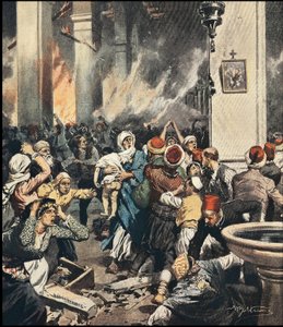 The massacres of Armenians in Turkey in 1909 in Adana, illustration by Achilles Beltrame (1871-1945) in “La Domenica del Corriere” of May 1909