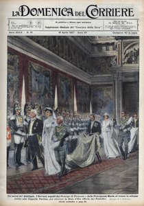 The Royal Couple, Victor Emmanuel III and His Wife Helene of Montenegro Followed by Prince Humbert II and Mary Jose, Go to the Paolina Chapel. Illustration by Achille Beltrame in 