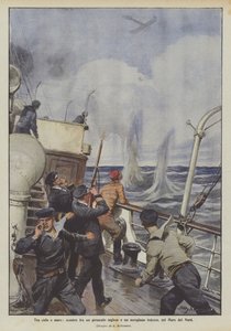 Between sky and sea, clash between an English steamer and a German airplane, in the North Sea