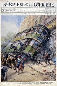 Tram accident in Glasgow, Scotland: one of the cars spilled over on a porcelain showcase and on passers-by - drawing by A. Beltrame, in 