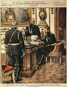 Tsar Nicholas II signing project for institutional reforms, from La Domenica del Corriere, 8th January 1905 by Achille Beltrame