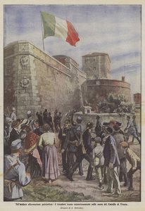 A bold patriotic statement, the tricolor mysteriously raised on the walls of the Castle of Trieste by Achille Beltrame