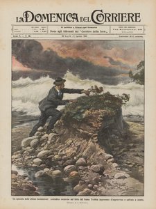 An episode of the recent floods, a farmer surprised in the bed of the swollen Trebbia river by Achille Beltrame