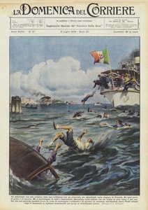 A Motorboat with Eight People, After a Collision with a Steamer, Is Sinking in the Venice Lagoon by Achille Beltrame