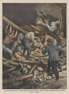 An Italian worker extracted alive after ten days of burial under the rocks of the tunnel by Achille Beltrame