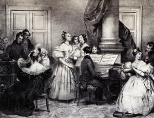 Family concert with piano, by Achille Deveria, engraving, France by Achille Devéria
