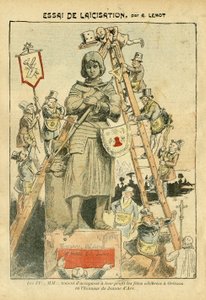 Illustration by Achille Lemot in Le Pelerin, 05/05/07 - Essai de laicisation - Antimaconism Freemaking, Religion Faith, Catholic Catholicism - Laicisation Laicite Laiques - Joan of Arc - Change of scale