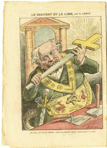 Illustration by Achille Lemot (1846-1909) in Le Pelerin, 23/05/09 - The Snake and the Lime - Antimaconism Freemasonry, Religion Faith, Christian Cross, Fables La Fontaine and others, Catholic Catholicism - Secularization Secularism Secularists - Snakes - A