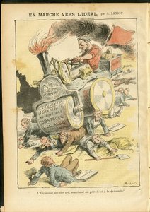 Illustration by Achille Lemot in Le Pelerin, 27/05/06 - On the march towards the ideal - Social, Automobile, Dead corpses, Revolution, Red Flag, Economy, Socialism, Pneumatic, Puncture
