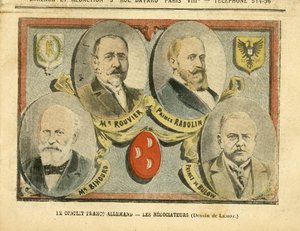 Illustration in Le Pelerin - The Franco-German conflict the negotiators - Colonization Colonialism Colonies, Germany Prussia, Morocco, France, Tangier - Rouvier Maurice, Bulow Bernhard von, Rad by Achille Lemot