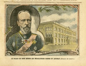 Illustration of Achille Lemot in Le Pelerin, 20/08/05 - The Palace where Russian and Japanese negotiators are reunited - Russia, Japan, Russian-Japanese War, Portsmouth - Witte Serge by Achille Lemot