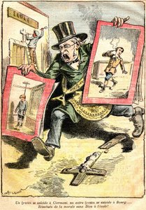 The results: one lyceen suicide in Clermont, another in Bourg: results of morality without God at school! - Cartoon by Achille Lemot in Le Pelerin (1909) - opposition of Laique and religious teaching (Catholic) - an official of the Republic wea by Achille Lemot