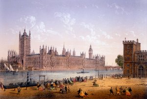 Houses of Parliament from the South Bank, print made by Ch. Riviere, 1862